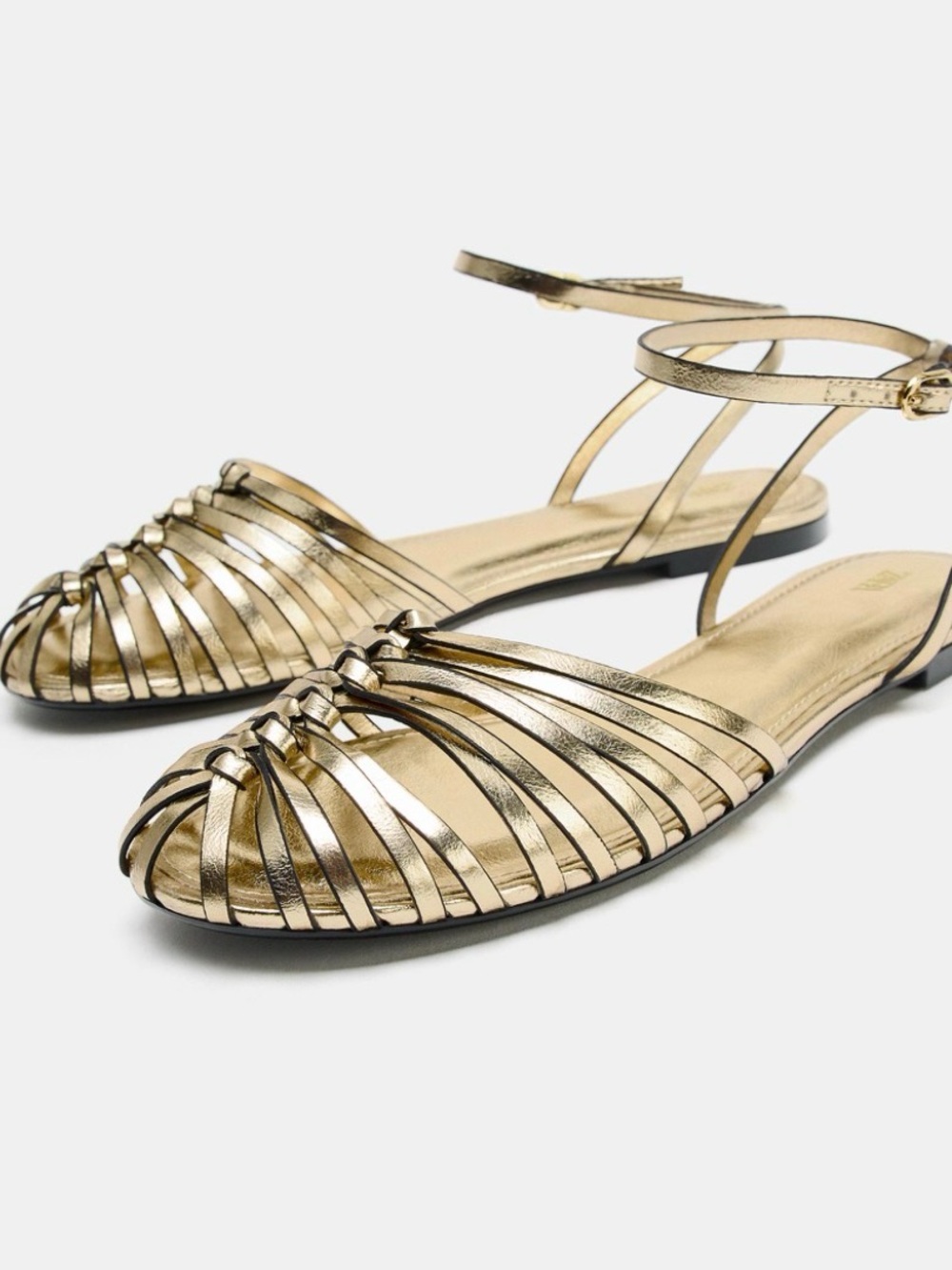 Zara Metallic Gold Strappy Ankle‑Tie Sandals 10 NWT